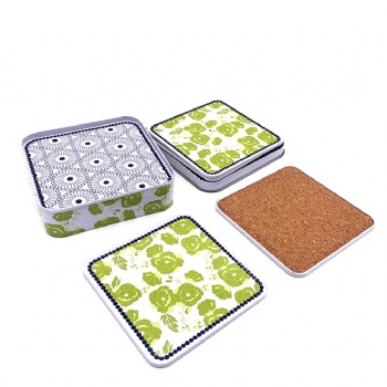 Square Tinplate Cork Coasters Set